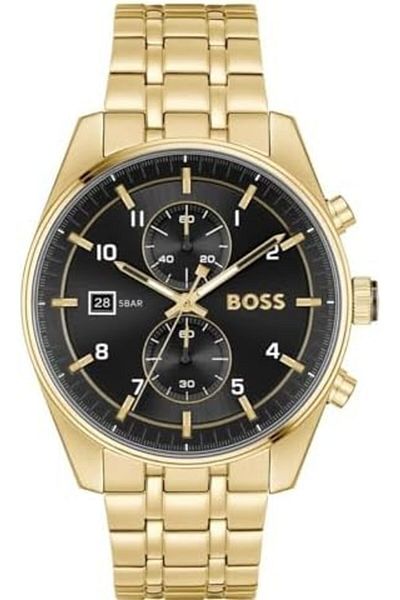 Hugo Boss SKYTRAVELLER Men's Black Sunray Dial Ionic Plated Thin Gold Steel Watch