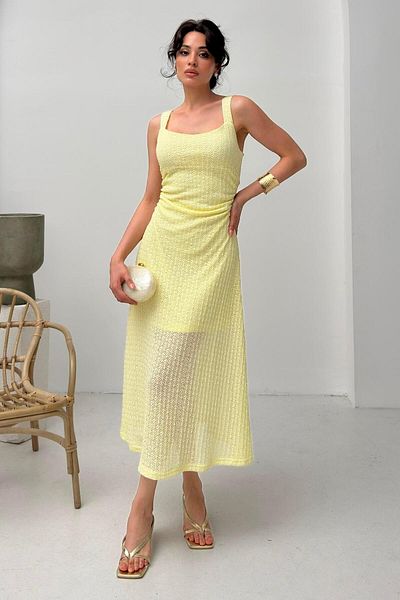 Serica Moda Yellow Square Neck Strap Lace Dress