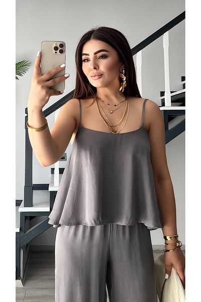 Oslove Gray Premium Tnsel Fabric Blouse-Pants Set
