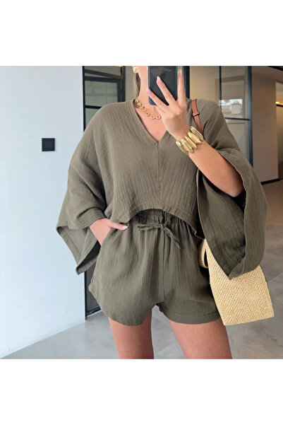 nidistore Women's Khaki Muslin Fabric Bat Sleeve Shorts Set
