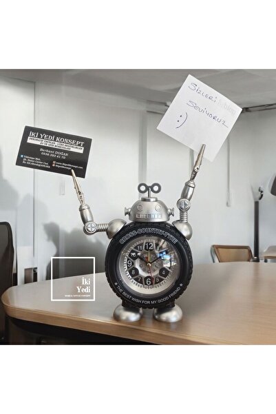 77 Robinio 77-1 Gri Robot Masa Saati, Not ve Kart Tutuculu Dekoratif Saat, Of...