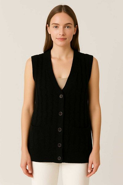 KNİTİCAL TEKSTİL Women's V-Neck Thick Wool Goose Feet Patterned Knitwear Buttoned Pocketed Mother Vest