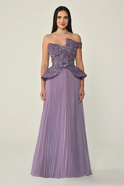 ALFABETA One-shoulder sequin and stone embellished skirt, pleated chiffon maxi dress