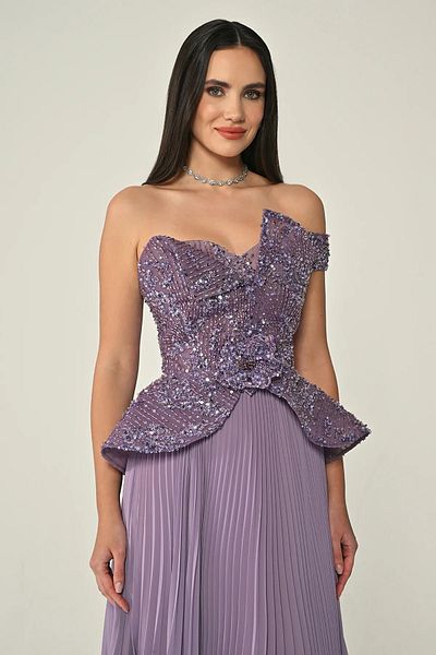 ALFABETA One-shoulder sequin and stone embellished skirt, pleated chiffon maxi dress