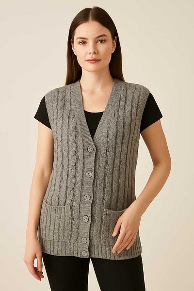 KNİTİCAL TEKSTİL Women's V-Neck Thick Wool Goose Feet Patterned Knitwear Buttoned Pocketed Mother Vest