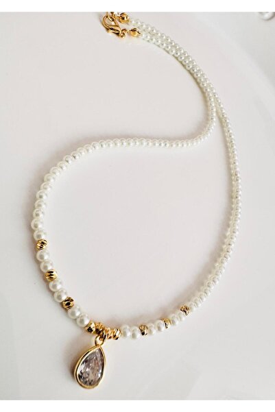 DEVİ fashion Elegant Glass Pearl Drop Pendant 44 cm