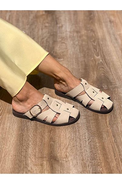 SİBA SHOES Noa Belt Detailed Beige Suede Slippers