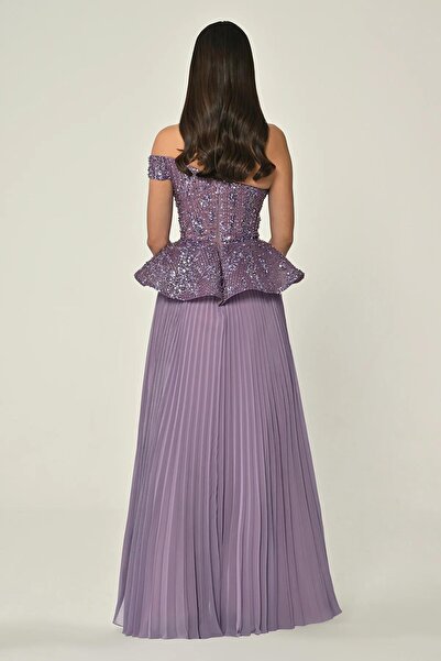 ALFABETA One-shoulder sequin and stone embellished skirt, pleated chiffon maxi dress
