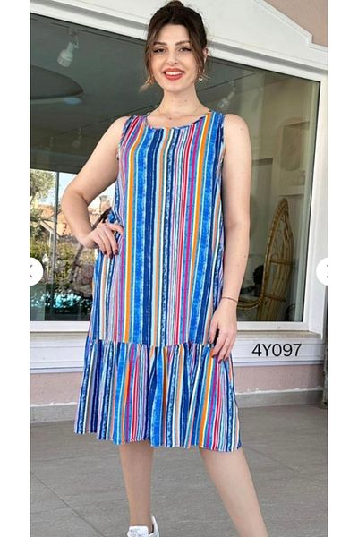MODA Casual Comfortable Striped Anti-Sweat Hem Ruffle Sleeveless Dress