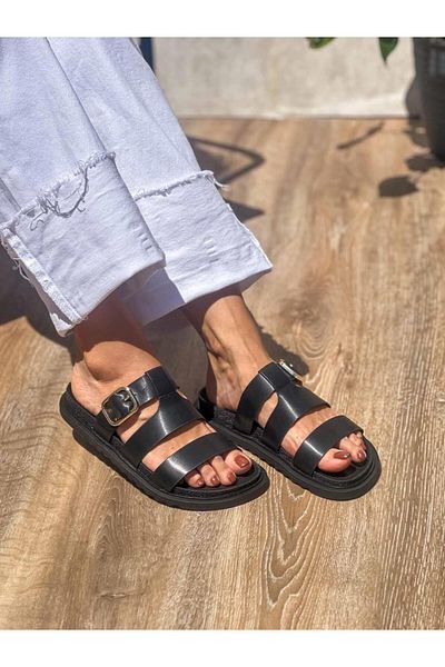 SİBA SHOES Arden Black Slippers with Belt and Buckle Detail