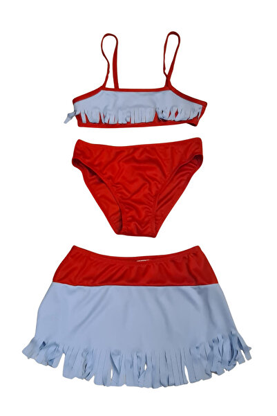 Glowzia Red Fringed Girl's Skirted Bikini Set