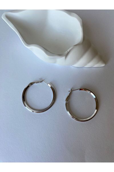 marsel aksesuar Xuping Medium Size Striped Silver Hoop Earrings