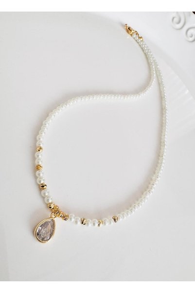 DEVİ fashion Elegant Glass Pearl Drop Pendant 44 cm
