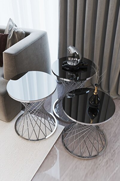 Ekübya Home Pota 3' Lü Gümüş Siyah & Bohem Sehpa & Zigon Sehpa & Orta Sehpa &...