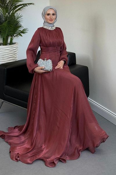 MERVEN AKYÜZ Talya Neckline Stone Evening Dress Tile