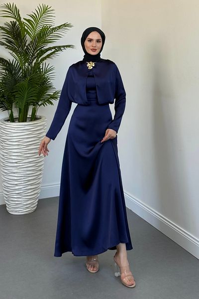 MERVEN AKYÜZ Elizan Buckle Satin Evening Dress Navy Blue