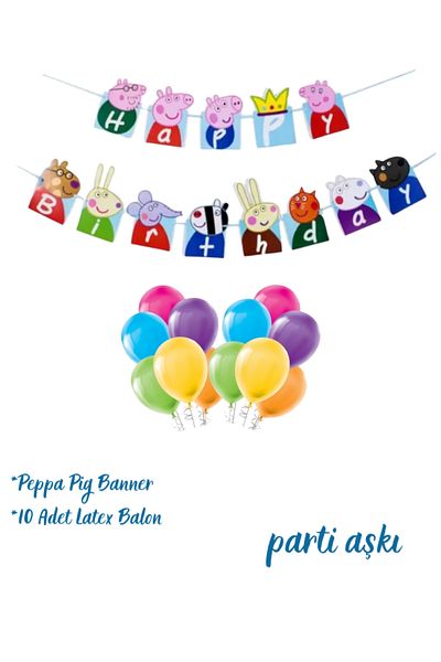 PARTİ AŞKI Πανό Peppa Pig και σετ μπαλονιών 10 τμχ & Σετ μπαλονιών και πανό Peppa Pig Happy Birthday