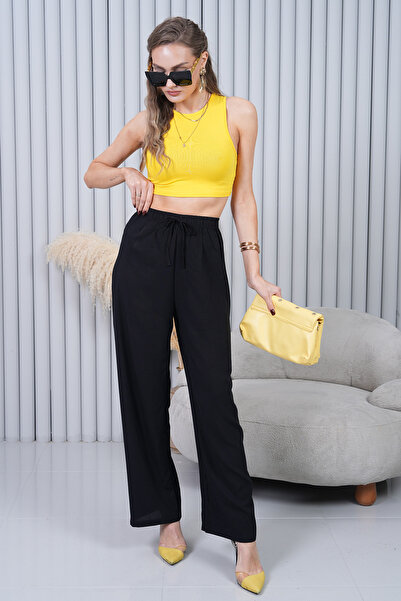 Polologin Butik Pantaloni negri cu șireturi în talie și picior larg talie înaltă