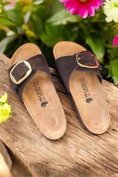 Land of Cork Anatomical Natural Cork Sole Genuine Suede Leather Big Buckle Slippers