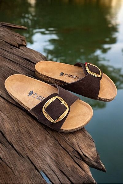 Land of Cork Anatomical Natural Cork Sole Genuine Suede Leather Big Buckle Slippers