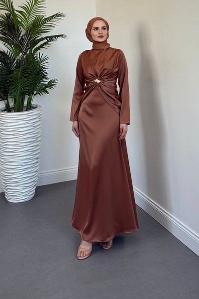 MERVEN AKYÜZ Naree Front Buckle Satin Evening Dress Cappucino