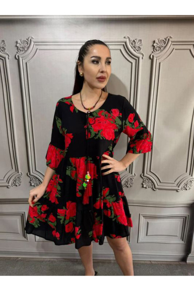 Büyük Hanım Viscose Strap Style Floral Short Dress