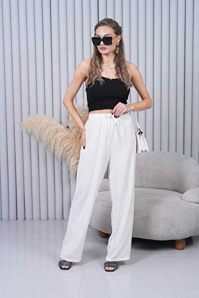 Polologin Butik Pantaloni albi cu șireturi în talie și picior larg talie înaltă