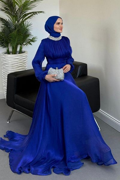 MERVEN AKYÜZ Talya Neck Stone Evening Dress Sax