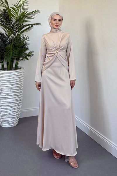MERVEN AKYÜZ Naree Front Buckle Satin Evening Dress Cream