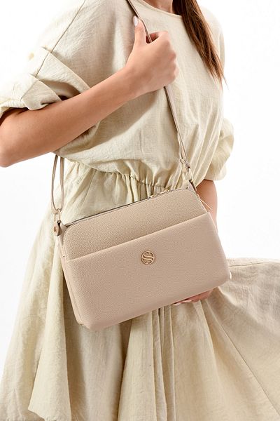 Sanmorris 1408 Women's Faux Leather Four-Compartment Metal Zipper Shoulder Bag with Adjustable Strap