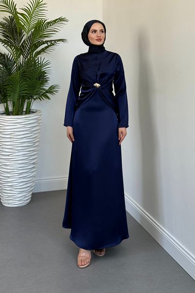 MERVEN AKYÜZ Naree Front Buckle Satin Evening Dress Navy Blue