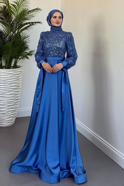 MERVEN AKYÜZ Elena Top Sequined Satin Evening Dress Blue