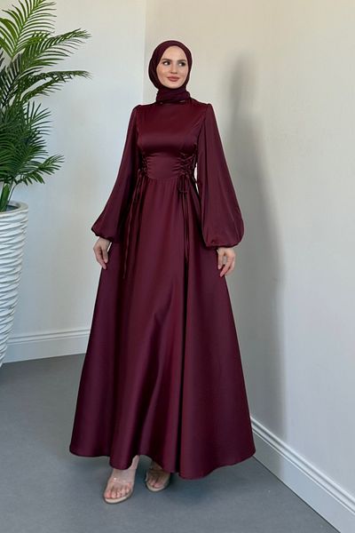 MERVEN AKYÜZ Orya Side Tightening Satin Evening Dress Cherry Rotten