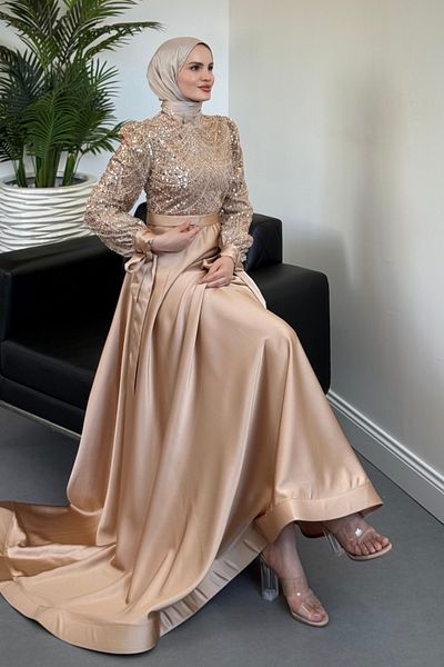 MERVEN AKYÜZ Elena Top Sequined Satin Evening Dress Gold
