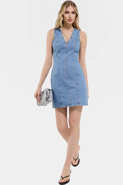 PayBuy Summer Denim Mini Dress V-Neck Basic Fit 100 Cotton Casual Style Comfortable Cut Carefully Selected