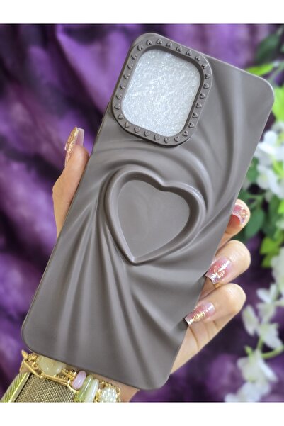 Magic Ring Xiaomi Redmi 12 Uyumlu 3D Kalpli Kahverengi Silikon Kılıf