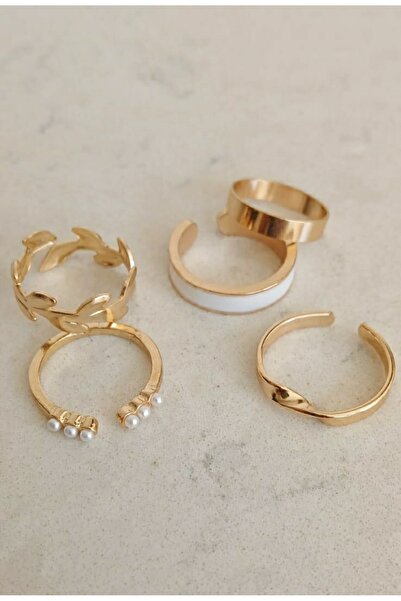 TREND Set of 5 Gold Modern Rings - Spike, Pearl Detailed..- Adjustable Joint Ring