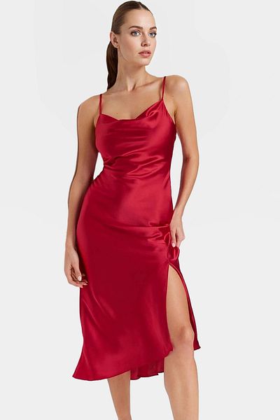 PayBuy Chic Women's Midi Evening Dress Satin Woven Plain Patterned Degaje Collar Comfortable Cut Quality Craftsmanship