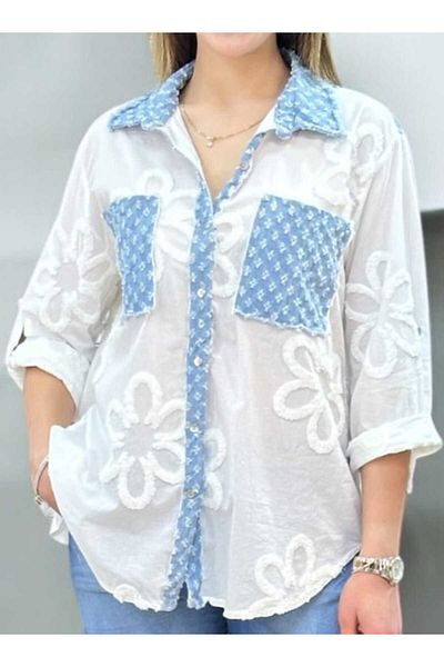 Butik Şans Italian Shirt with Floral Figure Embossed with Denim Detail