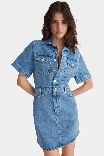PayBuy Denim Shirt Dress Short Sleeve Midi Length 100 Cotton Casual Perfect Fit Comfortable Cutout Distinctive Material
