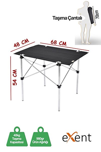 Exent Katlanır Kamp Masası, Piknik Masası, Balkon Masası, Taşıma Çantalı Portatif MASA-SİYAH