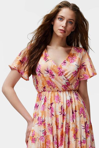 PayBuy Floral Pattern Midi Length Pleated Dress 95% Polyester Comfortable Casual Style High Quality