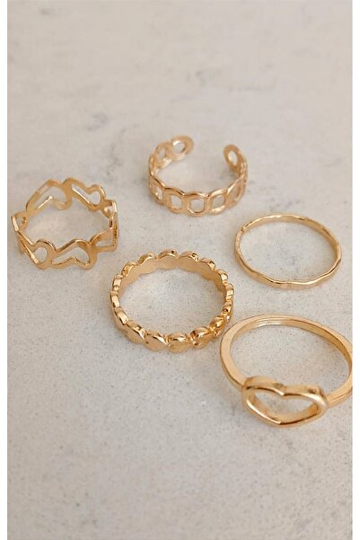 chibi مجموعة من 5 خواتم ذهبية حديثة - قلب وسلسلة - خاتم مفصلي قابل للتعديل