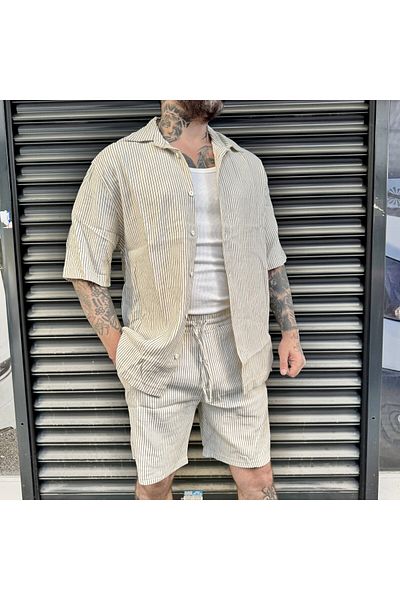 bafatex Striped Detailed Oversize Shirt Shorts Set