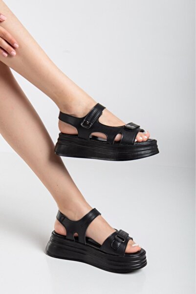 alfaze صندل فيلكرو لتقويم العظام جلد أسود ارتفاع الكعب 5 سم