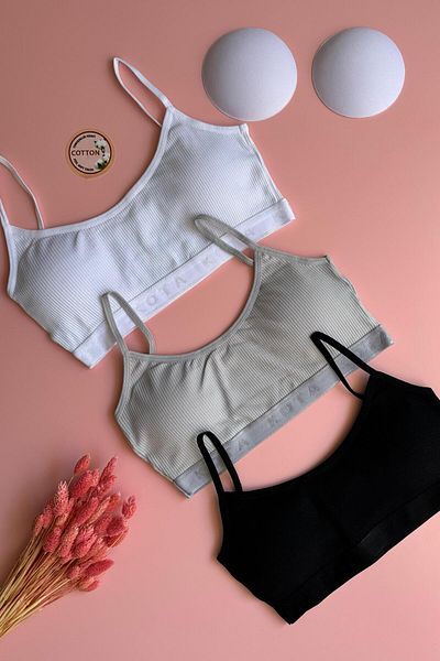Elosia Snea |   Camisole 3-Piece Padded Cotton Black, White and Gray, Women's Bra-Singlet with Straps