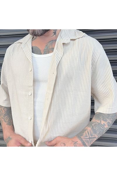 bafatex Striped Detailed Oversize Shirt Shorts Set