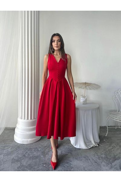 Afiş Butik Red Zero Sleeve V Neck Pleated Dress