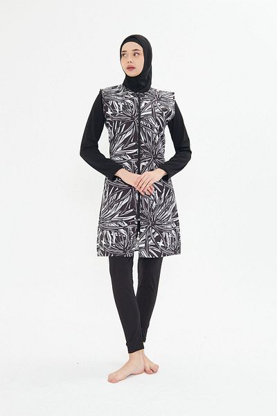 Modestia Full Covered Patterned Vest Hijab Swimsuit Set: 5 Pieces (Badi, Leggings, Scarf, Bonnet, Vest)