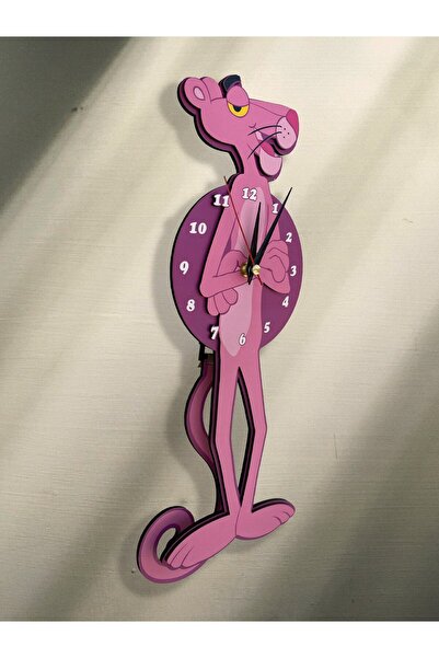 DEKORANLA Pembe panter temalı sallanır ve sarkaçlı dekoratif duvar saati, şık...